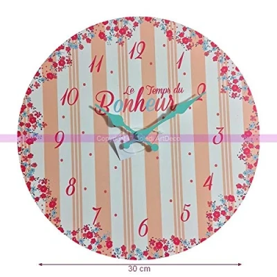 Image de Pendule Murale imprimée Fleuri et Rayures, diam. 30cm, Horloge Le Temps du Bonheur à Piles en Carton MDF