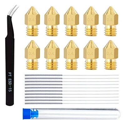 Image de QIMEI SHOP Buses d&#039;Imprimante 0.4mm 3D MK8 Extrudeuse Laiton Buse avec Brucelles et Nettoyage Aiguilles Compatibles pour Creality CR 10 Ender 3 5 22 Pièces