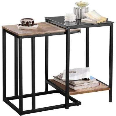 Image de SoBuy Tables Basses Gigognes, Lot de 2, d&#039;Appoint Empilables, Bouts Canapé, Salon en Bois et Verre Trempé avec Cadre Métal Robuste, FBT99 F