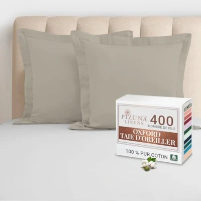 Image de Pizuna Coton Peigné Set de 2 Taies d&#039;oreiller 65x65 cm Simplement Taupe, 100% Longue Tige 400 Fils Armure Satin Douces en (2 Pièces)