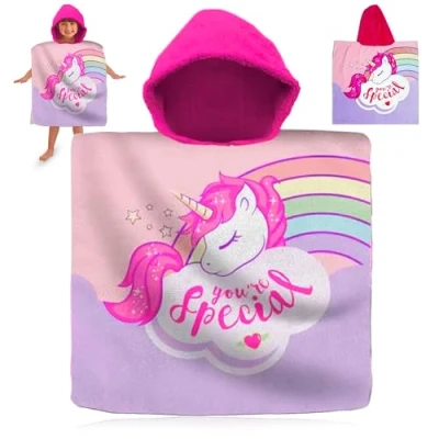 Image de Poncho de bain à capuche licorne 120 x 60 cm Peignoir langer super doux et serviette plage en coton absorbant pour enfants, essentiels d&#039;été enfants 3 6 ans