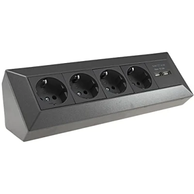 Image de ChiliTec Bloc multiprise d&#039;angle 4 prises 2 USB A 3,1 pour cuisine, bureau, construction, montage encastré, anthracite