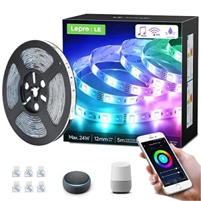 Image de Lepro Kit de bandes LED Smart RGB et lumière blanche à intensité variable, Compatible avec Alexa Google Home, étanche IP65, 5 m, 5050 SMD bande flexible bloc d&#039;alimentation contrôleur