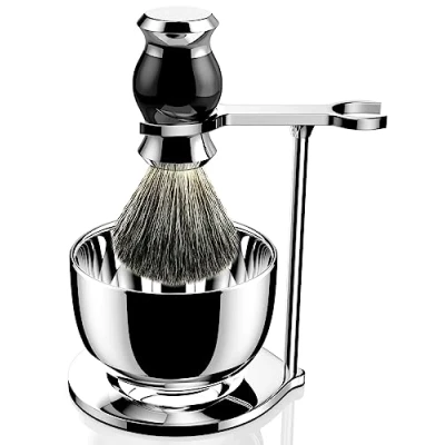 Image de GRUTTI Ensemble de blaireaux rasage 3 en 1 Support pour rasoir sécurité, porte brosse, blaireau synthétique, bol acier inoxydable supports homme