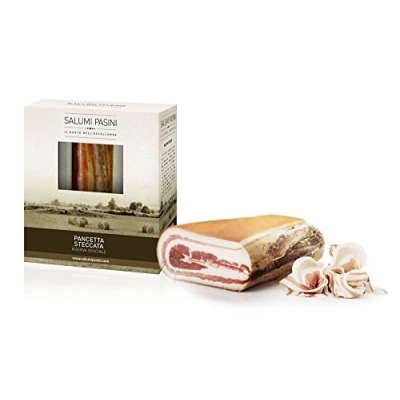 Image de Pancetta Steccata Legno, Bacon affiné entre Planches en Bois, Salumi Pasini, tranche, 1,25kg