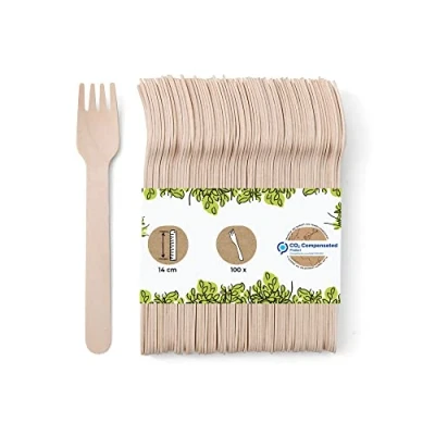 Image de GREENBOX Lot de 100 Fourchettes à gâteau en bois Couverts jetables Biodégradables, compostables solides 14 cm
