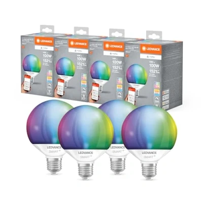 Image de LEDVANCE SMART+ MATT LED lampe, compatible avec Google, Alexa, Apple, White Frost Optics, 14W, 1521LM, E27, Color Light &amp; Light, Vocal Control, jusqu&#039;à 20 000 HRs, 4 Pack
