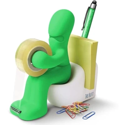 Image de Le Butt Station Fournitures de Bureau Dévidoir Ruban Amusant Porte Accessoires Rigolo et Sympa avec Rouleau Ruban, Trombones, Notes Adhésives Stylo Inclus (Vert)