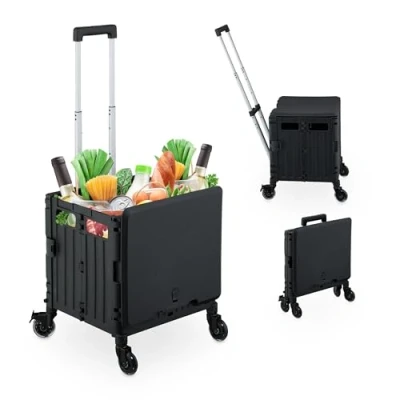 Image de Relaxdays Chariot de Courses avec Couvercle, Caisse Pliable à roulettes, poignée inclinable, 35 kg, Noir