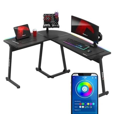 Image de huzaro Hero 6.0 RVB Bureau Gaming d&#039;angle Éclairage LED Forme de L Poste Gamer Montage Droite et Gauche Plateau en Carbone 147 x 112cm Design Ergonomique Construction Solide Noir