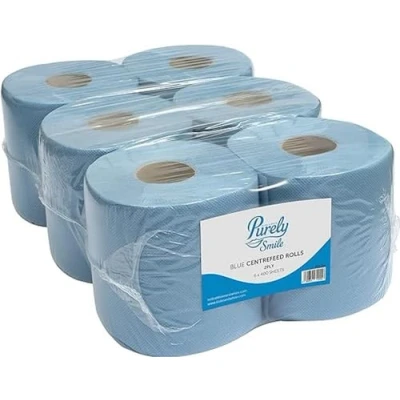 Image de Blake &amp; White Purely Smile Lot de 6 rouleaux d’essuie tout double épaisseur pour distributeur à dévidage central 400 feuilles Bleu