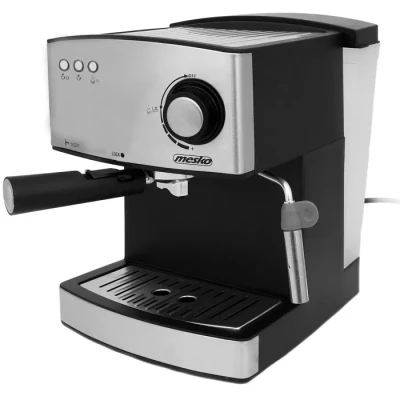 Image de Mesko MS4403 Machine à Espresso Cappuccino, 15 Bars, Cafetière Manuelle pour Café Moulu, Buse Vapeur Mousseur a Lait, Réservoir 1,6L, Chauffe Tasses, Acier Inoxydable / Noir, 850W