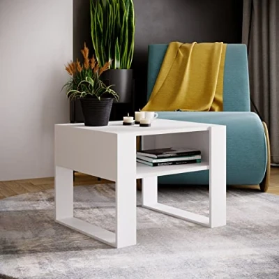 Image de MRBLS Table basse Design rustique moderne de salon d&#039;appoint à thé en bois (blanc mat blanc mat) 65 x 45 53,6 cm (l H P)