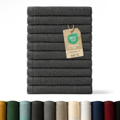 Image de Blumtal Lot Serviette de Toilette 12 Visage Debarbouillette Petite Main Doux Et Absorbant 100% Coton Certifié Oeko TEX® Anthracite