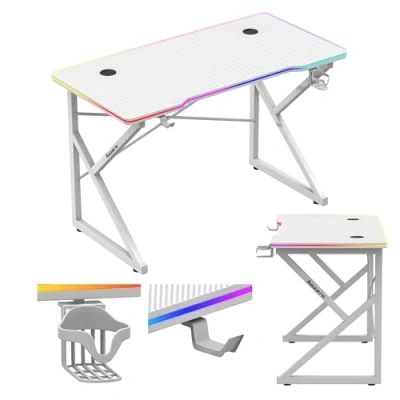Image de Bureau gaming HUZARO Hero 1.7 RGB Blanc Éclairage LED 366 modes, Porte gobelet, Support casque, Pieds réglables
