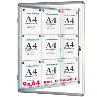 Image de Floordirekt Tableau d&#039;affichage en aluminuim, vitrine avec serrure à clé arrière magnétique Porte Cadre aluminium 9 x A4