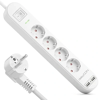 Image de deleyCON 3,0m Multiprise 4 Compartiments avec USB 4X Prises de Contact Protection 2X Prise Chargement A par ex. Téléphone Portable et Tablette Survoltage Bouton on/Off Blanc