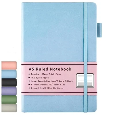 Image de Carnet de Note A5, Journal Ligné à Couverture Rigide avec Papier épais Premium 100 GSM, Poche Intérieure, Boucle pour Stylo, en Similicuir, 192 Pages, 14,5 x 21,3 cm (Bleu)