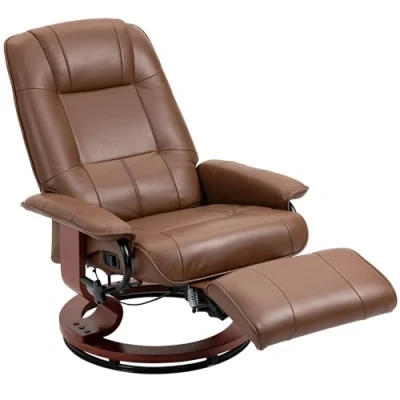 Image de fauteuil relax inclinable HOMCOM de salon repose pieds réglable pivotant 360 piètement bois revêtement synthétique marron