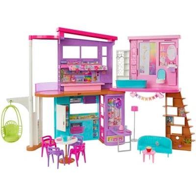 Image de Barbie Coffret La Maison de Vacances (107 cm) à 2 niveaux, avec 6 pièces, 1 fauteuil suspendu servant d’ascenseur et plus 30 accessoires, Jouet Enfant, Dès 3 ans, HCD50