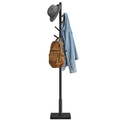 Image de VASAGLE Portemanteau, Portant à Vêtements en Bois, Support sur Pieds avec 8 Crochets, 3 Hauteurs, pour Manteaux, Chapeaux, Sacs, Entrée, Couloir, Bois d&#039;Hévéa, Noir d&#039;Encre RCR010B01