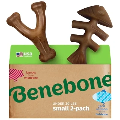 Image de Benebone Lot de 2 Jouets à mâcher durables pour Chien, véritable Poisson, Bacon, fabriqué aux États Unis, Taille S