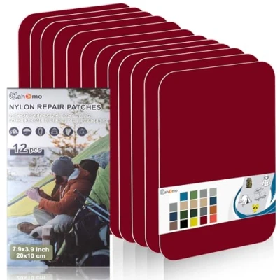 Image de Patch en nylon autocollant, Cahomo 12 Pièces 20X10 cm de réparation imperméable tissu autocollant reparation, pour veste, tentes, doudoune, sac couchage, sacs à dos Rouge
