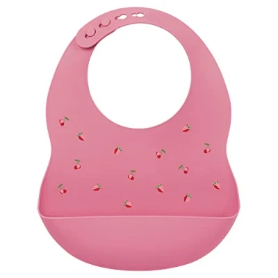 Image de Nattou Bavoir en Silicone Avec Bac de Récupération, Imprimé Cérise, Taille Réglable, Sans BPA, Environ 20 x 27 cm, Silicone, Rose