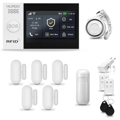 Image de Systeme d&#039;alarme Maison WiFi + GSM, HUXGO HXA007, avec Sirène, 1X détecteur de Mouvement, 5X capteur Porte/fenêtre, TUYA