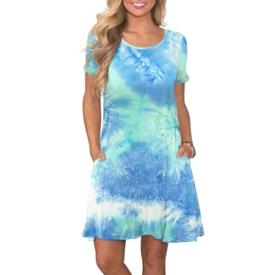 Image de AUSELILY Femmes Robes D&#039;été à Manches Courtes Décontracté T Shirt Robe Ample Courte avec Poches Teint Bleu Vert Blanc S