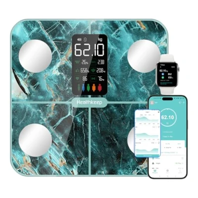 Image de Healthkeep Balance Pèse Personne Connectée Impédancemètre avec Affichage VA 15 Données Corporelles et Fréquence Cardiaque pour APP Andriod iOS Max. 180kg/400lb, Marbre Vert