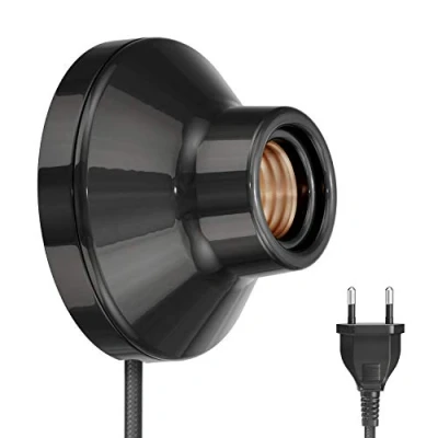 Image de ledscom.de Applique/douille de lampe ELEKTRA, fiche, interrupteur, porcelaine, noir brillant, rond, 1x E27 max. 300W, applique studio, prise courant raccordement direct, style d&#039;aménagement