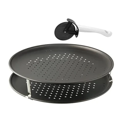 Image de Zenker 7512 Set de 2 plaques à pizza perforée et une roulette pizza, plaque a cuisson surgelée, plat perforée, Acier, Nylon, 32 cm