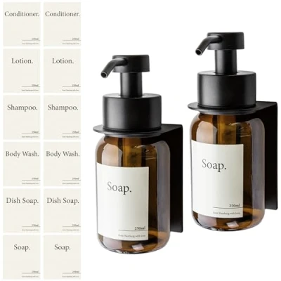 Image de Design Hambourg Distributeur de Savon Mural en Verre avec Fixation Auto Adhésive À Pompe Acier Inoxydable Support Salle Bain 2X 250ml Noir Mat