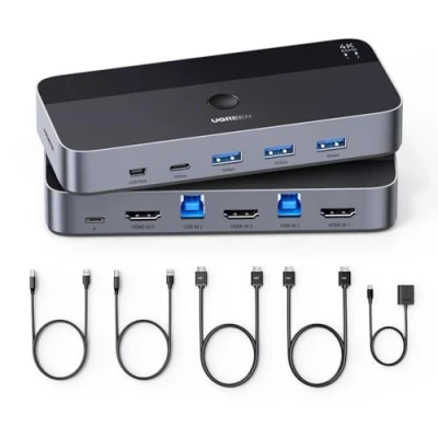 Image de UGREEN Switch HDMI KVM 4K 60Hz 2 In 1 Out avec 3 Ports USB A 3.0 et Port C 5Gbps pour Clavier Souris Disque Dur HDD Commutateur Contrôleur de Bureau Câbles 1M
