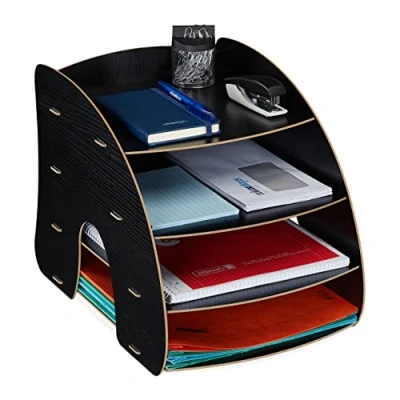 Image de Relaxdays Rangement Documents, 4 Compartiments, étagères Lettres, Organiseur Format A4, HxLxP:27 x 25,5 34,5 cm, Noir