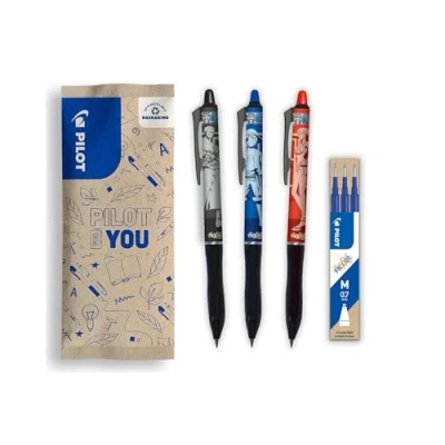 Image de PILOT x One Piece Lot de 3 Frixion Ball Plus, Noir, Bleu, Rouge + 1 Set recharges bleues 4 Stickers Stylos Effaçables Édition limitée En Plastique Recyclé Pointe Moyenne