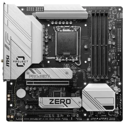 Image de MSI B760M Project Zero Carte mère Micro ATX à connecteurs arrière pour processeurs Intel de 14e, 13e et 12e gén, LGA 1700 VRM 75A DrMOS, DDR5 7800+MHz/OC, PCIe 5.0 x16, M.2 Gen4, Wi FI 6E
