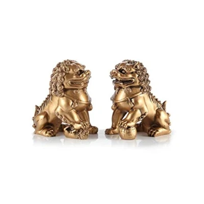 Image de lachineuse Statuettes Lion Gardiens Impériaux Dorés 2 Figurines Lions Chinois 11 x 6,5 4,5 cm Déco Asiatique Décoration pour Maison, Bureau, Intérieur Idée Cadeau Chine Asie