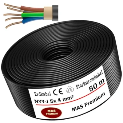 Image de Câble de terre 50 m [NYY J 5 x 4 mm²] Produit qualité allemande électrique avec anneau pour la pose en extérieur et d&#039;alimentation standard Fabriqué Allemagne