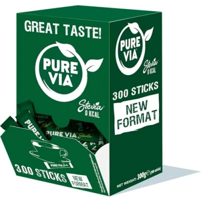 Image de Pure Via Stevia sticks Zéro calorie, Sucre 300 Alternative d&#039;Origine Naturelle au 300g