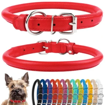 Image de CollarDirect Collier de Chien en Cuir roulé, Chiot Rond rembourré Doux, véritable Fait à la Main pour Petit Grand Chat 13 Couleurs (18 20cm, Rouge texturé)