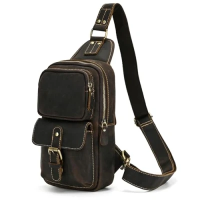 Image de newsbirds Sac de Poitrine Homme en Cuir Veritable Sacoche à Bandoulière Sacs a dos porté épaule Travers Pochettes des Sport Affaires Voyage, 9331 brun foncé