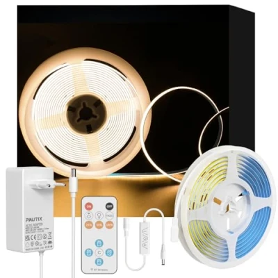 Image de PAUTIX Ruban LED COB Blanc Chaud 2700K 2M, Dimmable 960LEDs 24V CRI90+ Kit Bande Lumineuse avec RF Télécommande et Alimentation pour Miroir,Plafond,Cuisine,Armoire,Placard