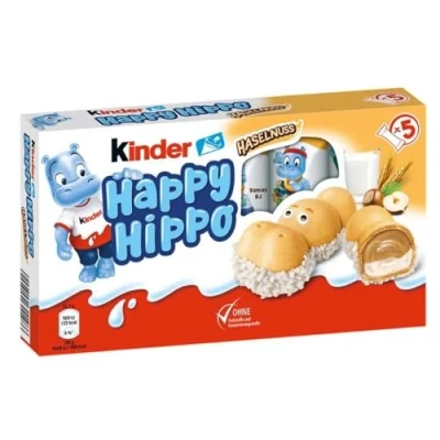 Image de Kinder happy Hippo Noisette 5er Édition limitée: 5 gaufres emballées individuellement avec crème de noisette, lait et morceaux croquants cassants