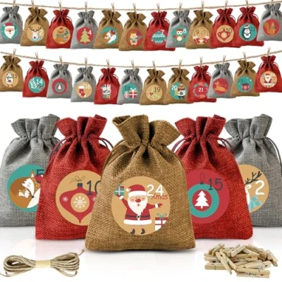 Image de Calendrier de l&#039;avent Vide a Remplir Soi Meme, Sac pour 24 Avent Sachets en Tissu, Pochette 2024, Sachet Pochon à DIY Cadeau Decoration Noel