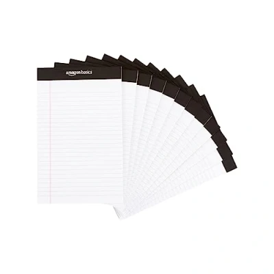Image de Amazon Basics Bloc notes ligné étroit 12,7 x 20,3 cm, A5 Blanc (50 feuilles par bloc, Lot de 12)