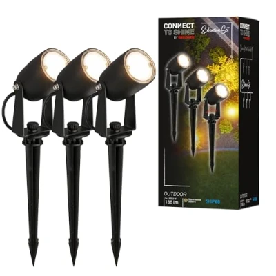 Image de BRILONER Système de jardin Connect to Shine 12V, lot 3 spots LED avec piquet terre, kit d&#039;extension, IP65, lumière blanc chaud, éclairage jardin, spot LED, 25x4 cm, noir