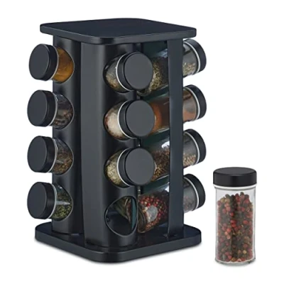 Image de Relaxdays Tourniquet à épices avec 16 Pots en Verre, Rotatif 360, Acier Inoxydable, HLP : env. 27,5 x 20 cm, Noir