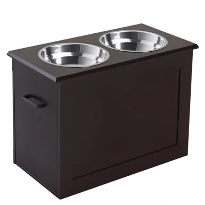 Image de PawHut Double Chien Chat surélevées Porte gamelles dim. 60L x 30l 41H cm 2 2L poignées Coffre Bois Chocolat